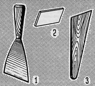 Шпатели: 1 — стальной; 2 — резиновый; 3 — деревянный