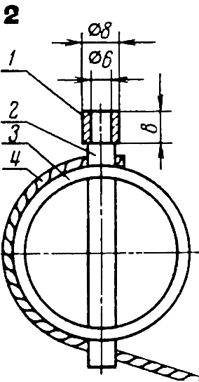 Рис. 2. Переделка фиксатора: 1 — трубка; 2 — фиксатор; 3— труба руля; 4 — трос.